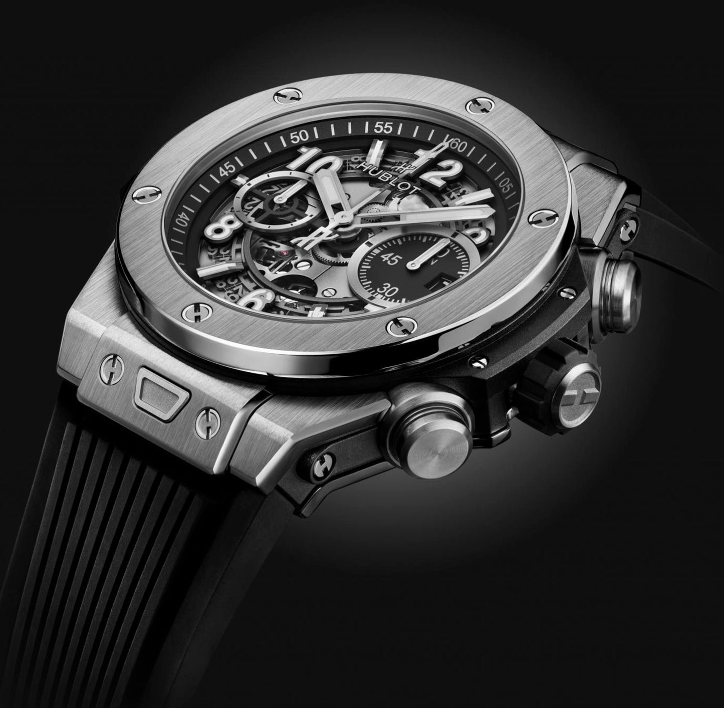 HUBLOT Wristwatch, Big Bang 44 mm, Titanium, Rubber Strap, with Folding Clasp, Skeleton Dial