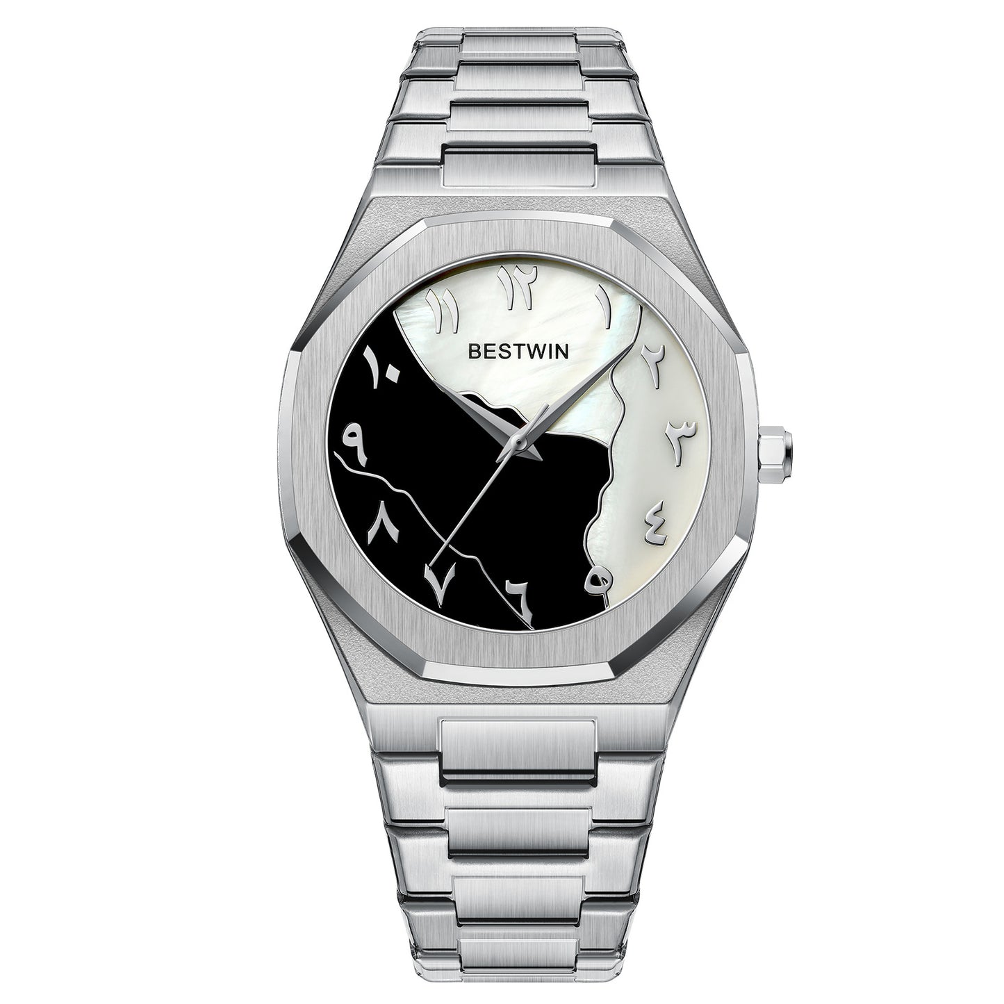 Bestwin 812BK Famous Brand Latest Style Stainless Steel Quartz Numeral Marble Face Arabic Dial Watch