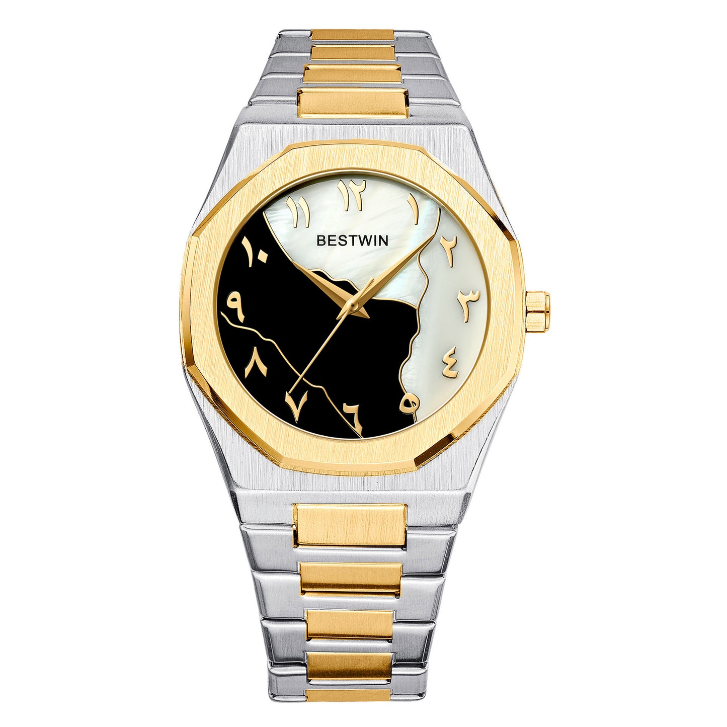 Bestwin 812BK Famous Brand Latest Style Stainless Steel Quartz Numeral Marble Face Arabic Dial Watch