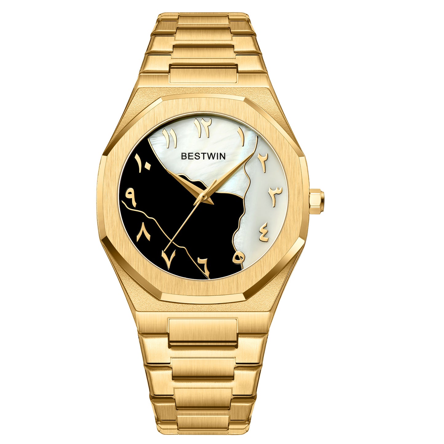 Bestwin 812BK Famous Brand Latest Style Stainless Steel Quartz Numeral Marble Face Arabic Dial Watch