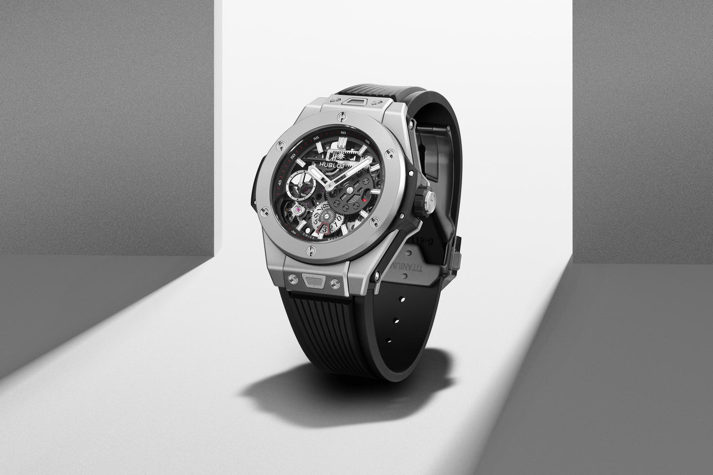 HUBLOT Wristwatch, Big Bang 44 mm, Titanium, Rubber Strap, with Folding Clasp, Skeleton Dial