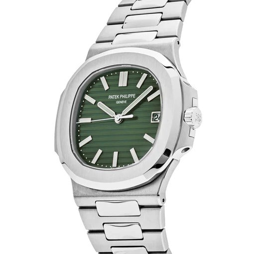 Patek Philippe Nautilus Green Dial Date Display Silver Stainless Steel Chain