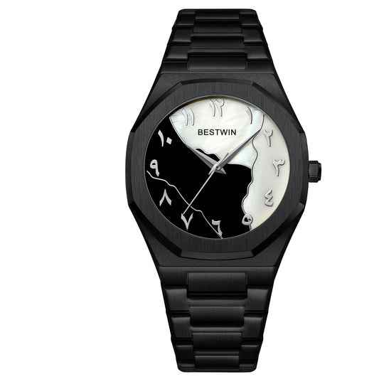 Bestwin 812BK Famous Brand Latest Style Stainless Steel Quartz Numeral Marble Face Arabic Dial Watch