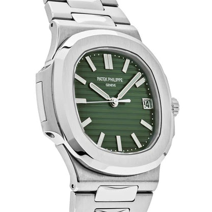 Patek Philippe Nautilus Green Dial Date Display Silver Stainless Steel Chain
