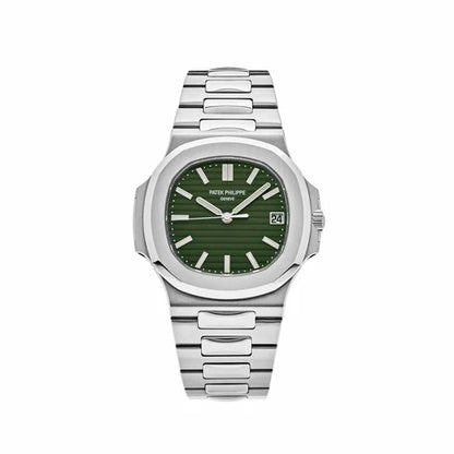 Patek Philippe Nautilus Green Dial Date Display Silver Stainless Steel Chain